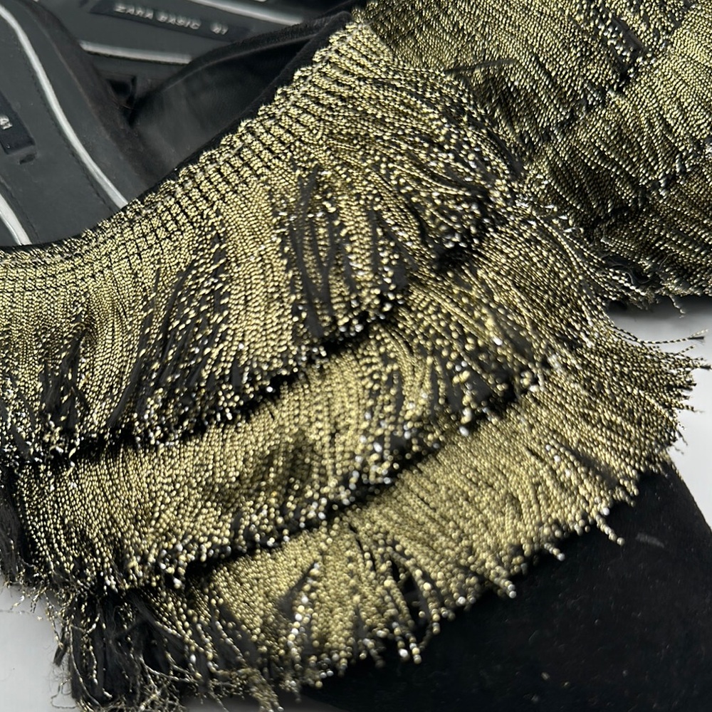 Zara Sz 11 Black Gold Metallic Fringe Mules with Distinctive Design - Picture 3 of 7